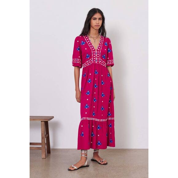 BA&SH Embroidered Java Dress Short Sleeves Fuchsia Pink Size Large NWT